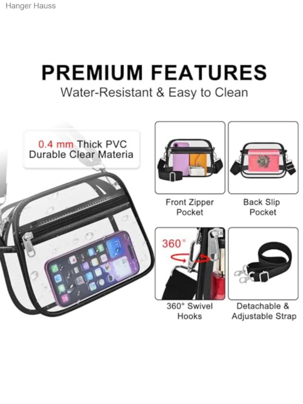 Oraben Clear Stadium Approved Satchel Bag Adjustable Crossbody PVC Handbag
